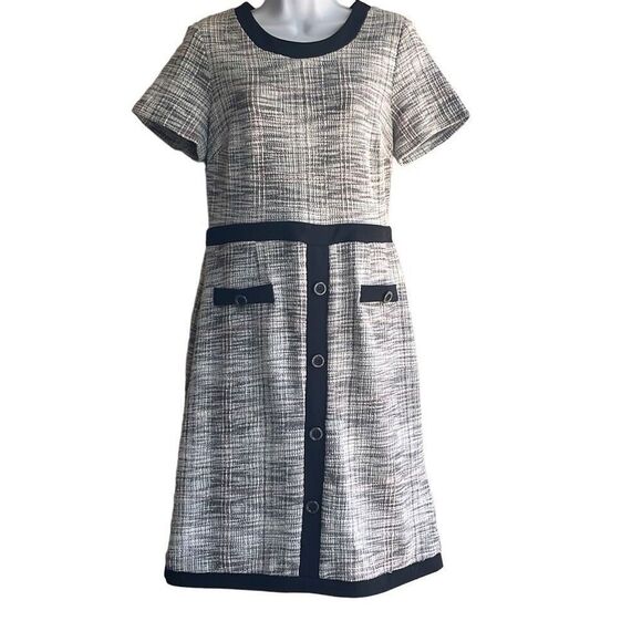 Shelby & Palmer Size 12 Black White Tweed A-Line Dress Short Sleeve Buttons Zip - Picture 1 of 14